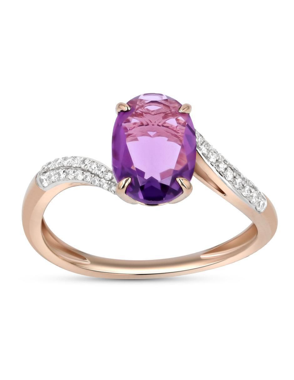 Anillo 14 k de oro rosa amatista y diamante brillante