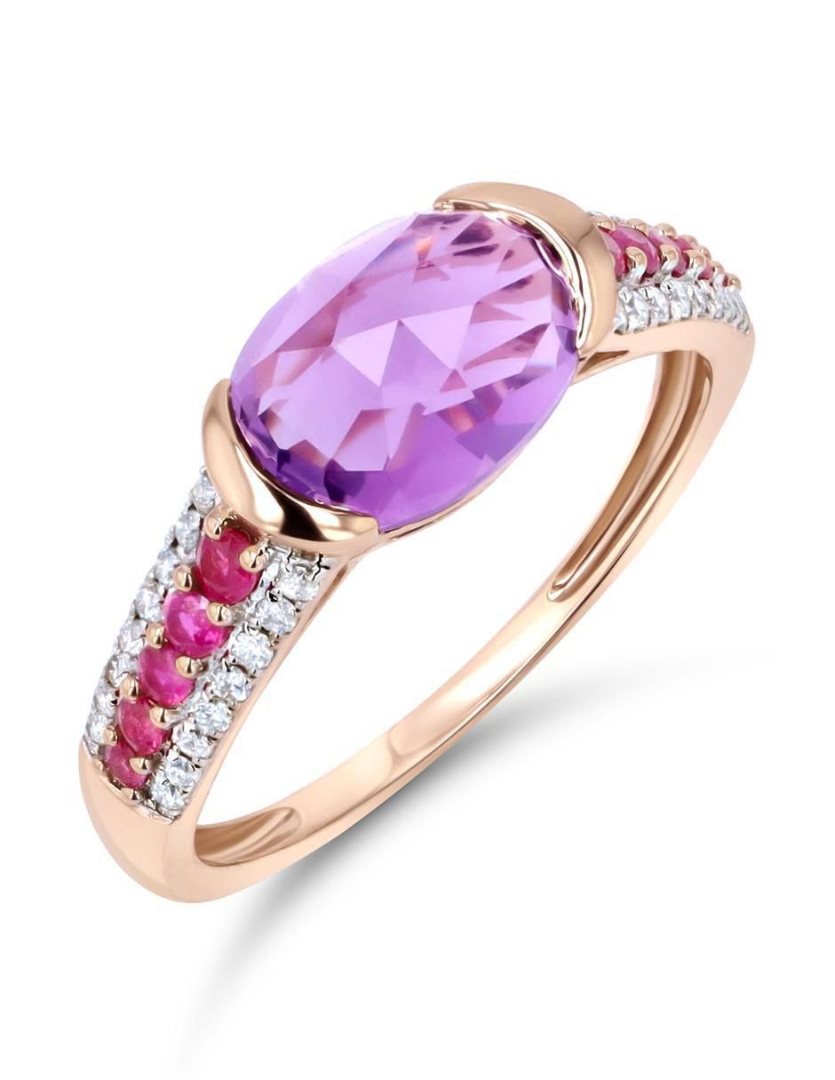 Anillo 14 k de oro rosa amatista y diamante brillante
