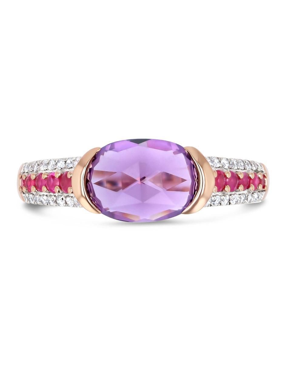 Anillo 14 k de oro rosa amatista y diamante brillante