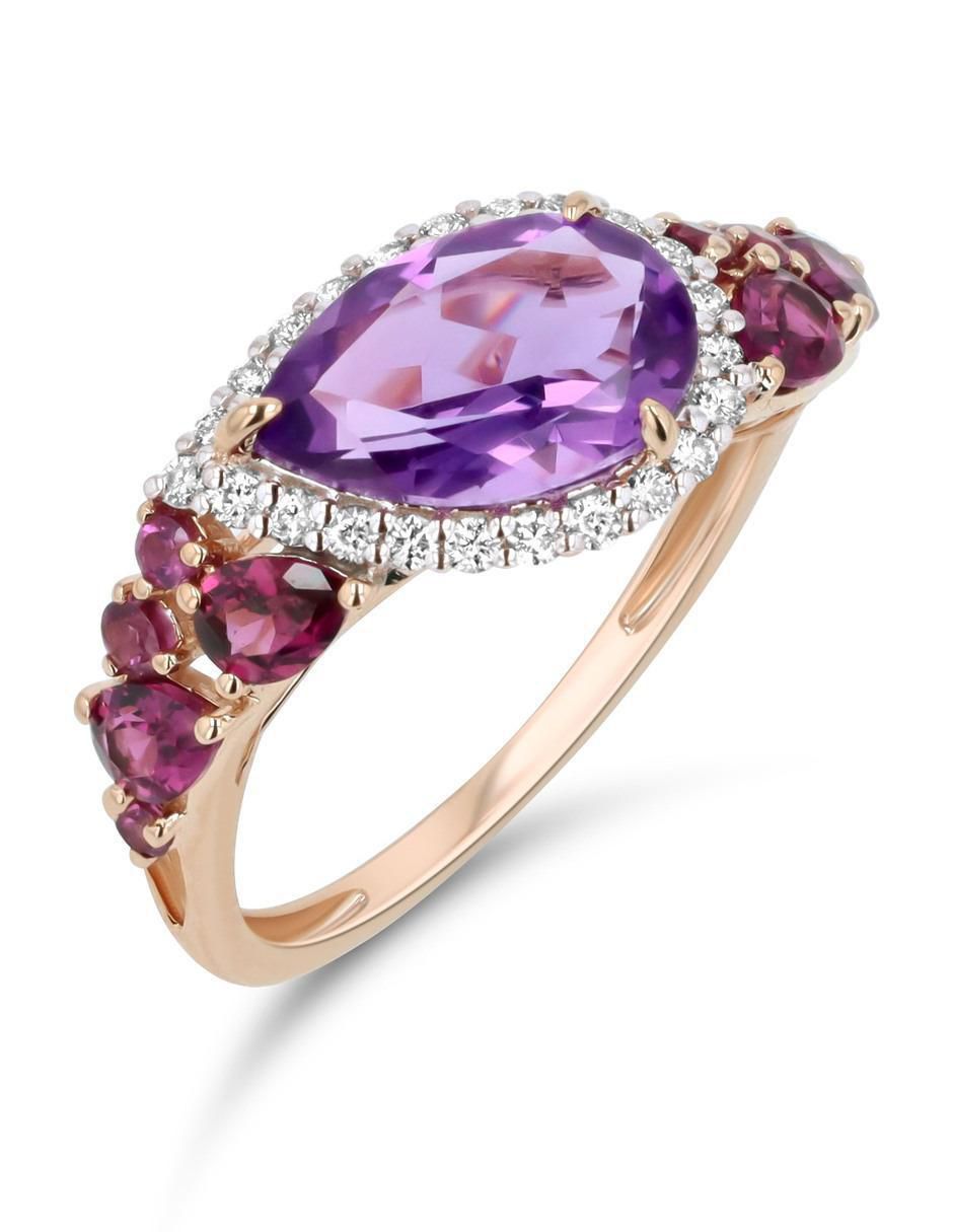 Anillo 14 k de oro rosa amatista y diamante brillante