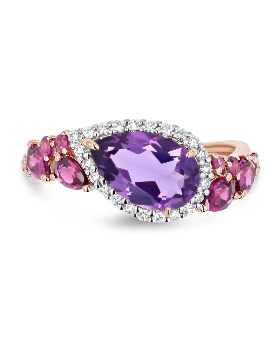 Anillo 14 k de oro rosa amatista y diamante brillante