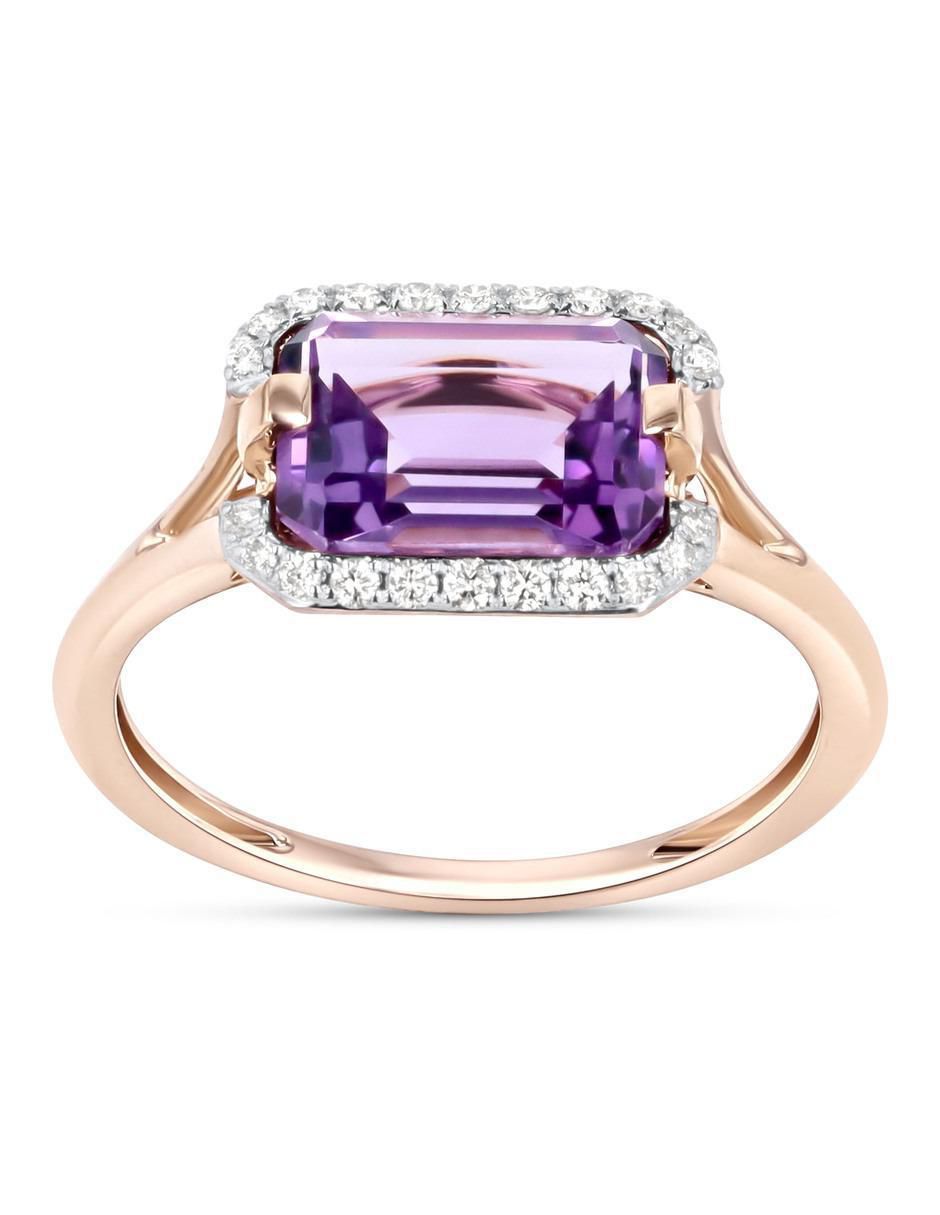 Anillo 14 k de oro rosa amatista y diamante brillante Anillo 14 k de oro rosa amatista y diamante brillante