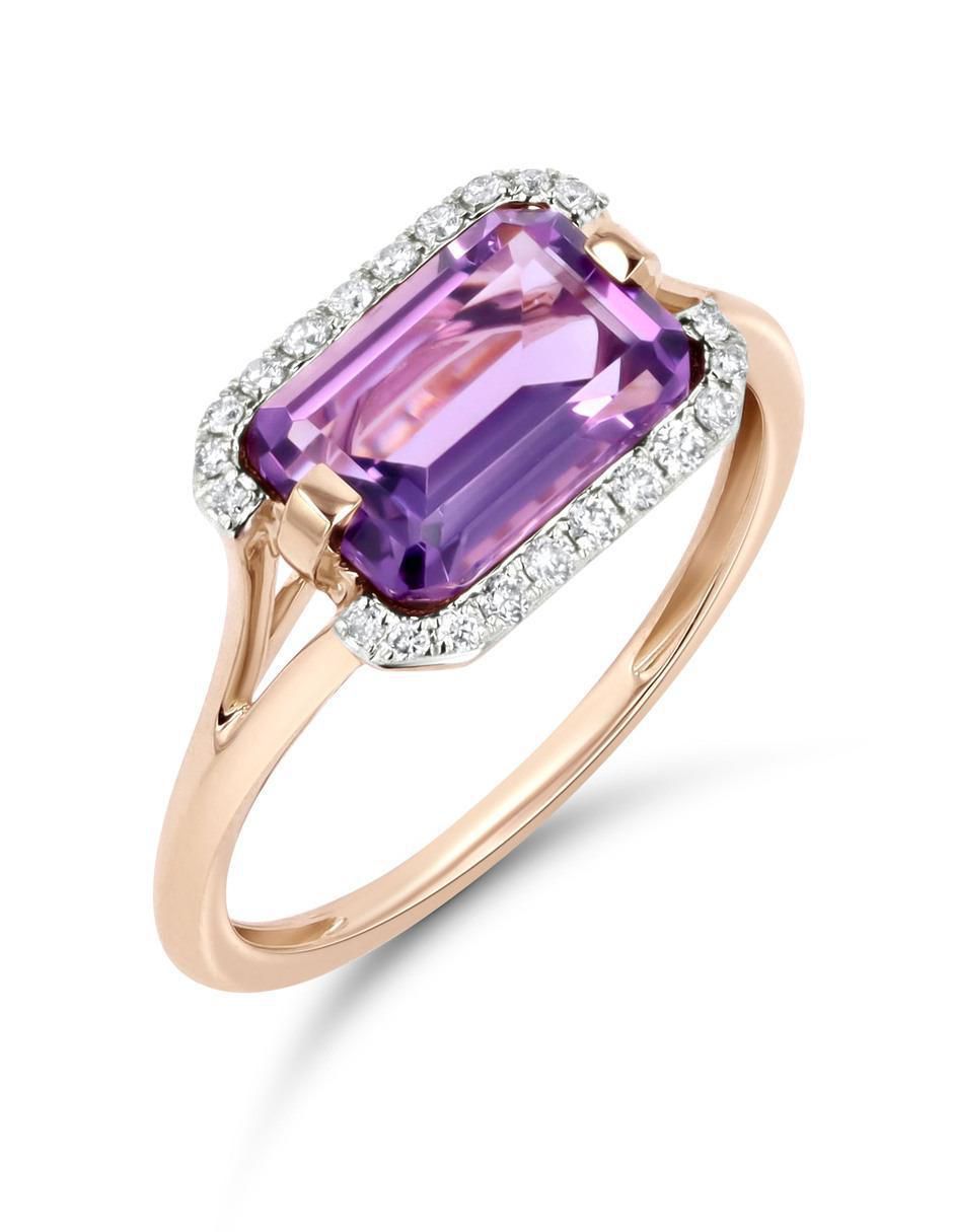 Anillo 14 k de oro rosa amatista y diamante brillante 2