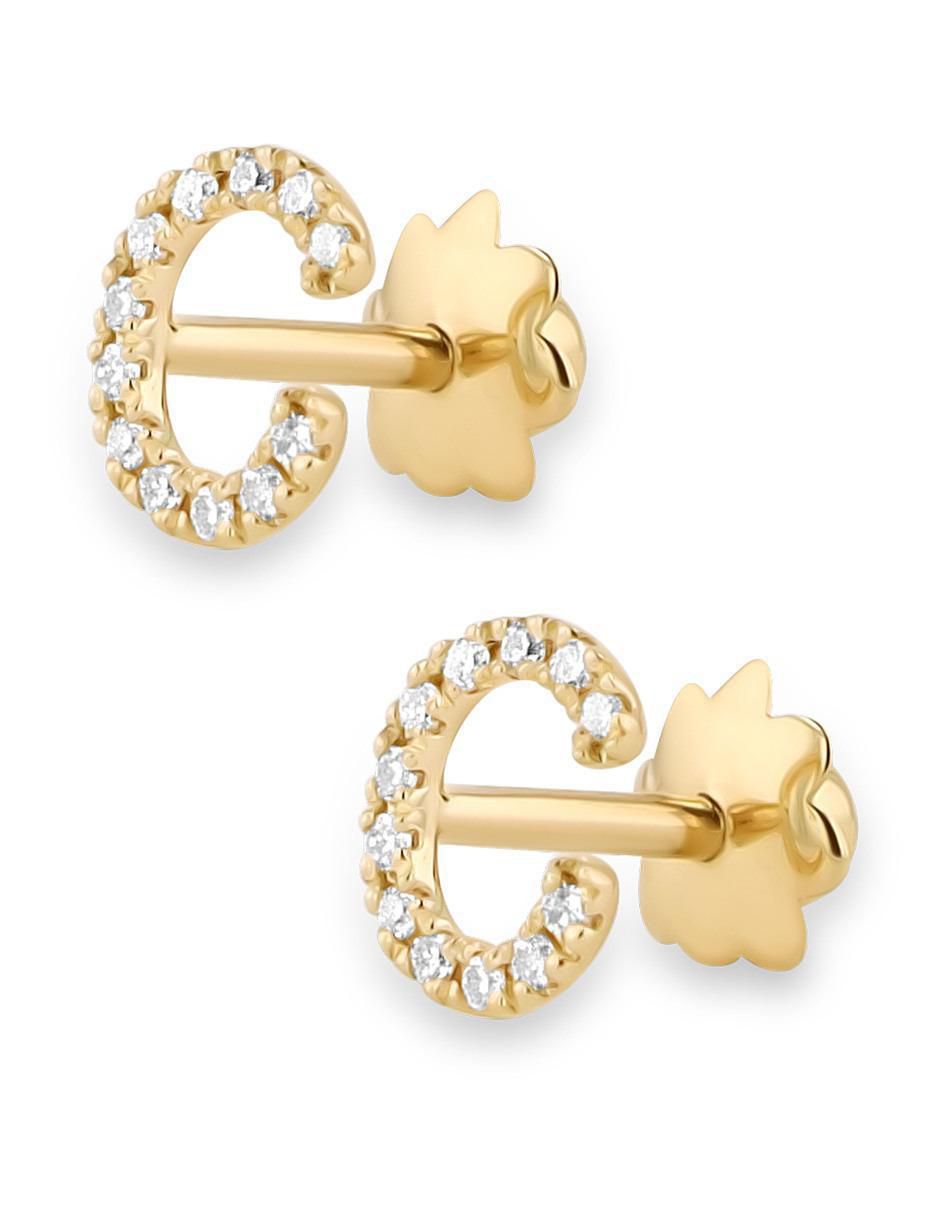 Broqueles de letra C de oro amarillo 14 K con acabado brillante diamante 2