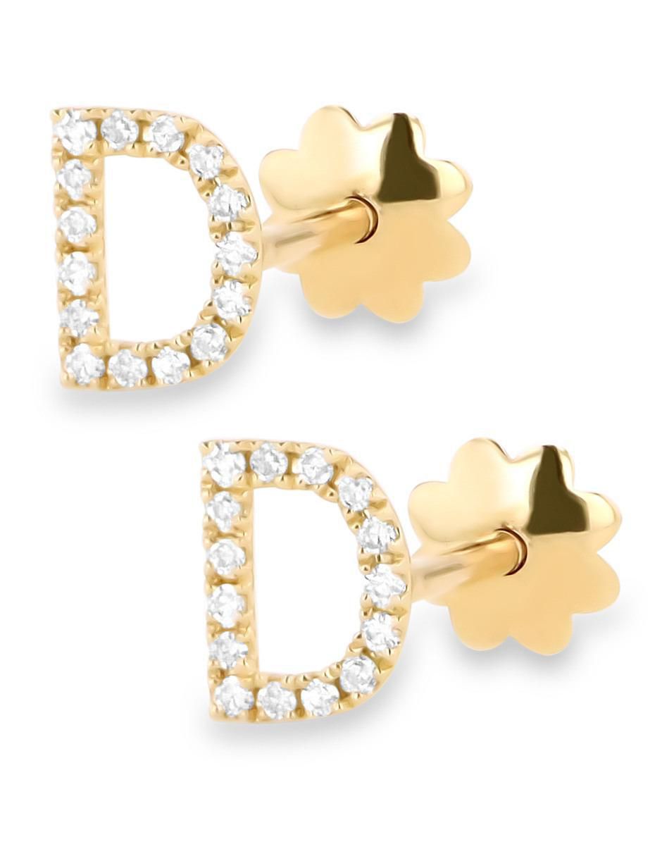 Broqueles de letra D de oro amarillo 14 K con acabado brillante diamante 2