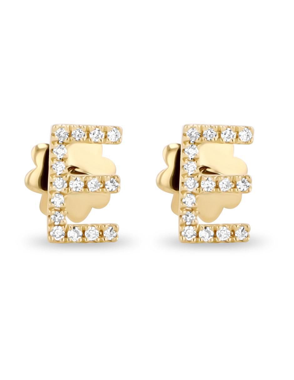 Broqueles de letra E de oro amarillo 14 K con acabado brillante diamante