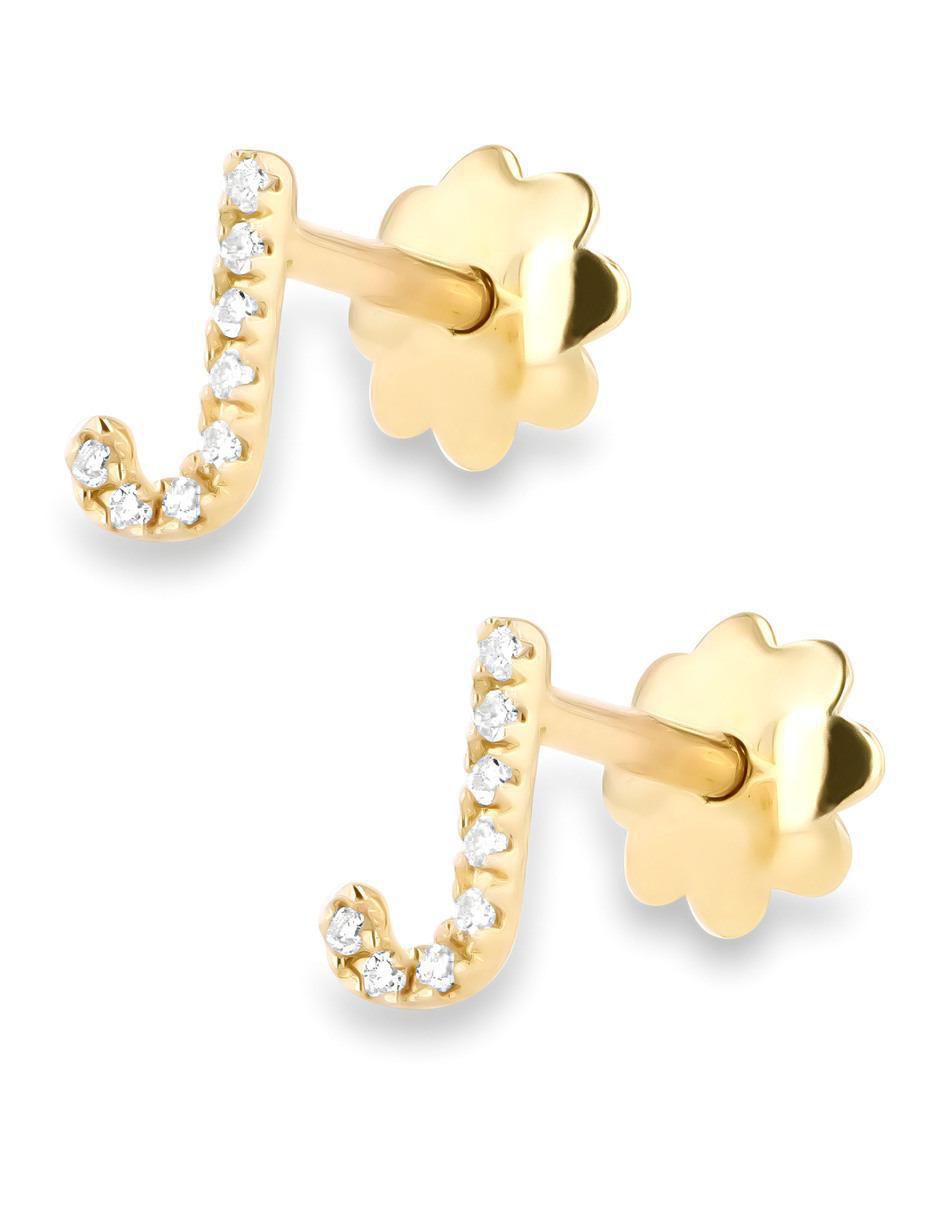 Broqueles de letra J de oro amarillo 14 K con acabado brillante diamante 2