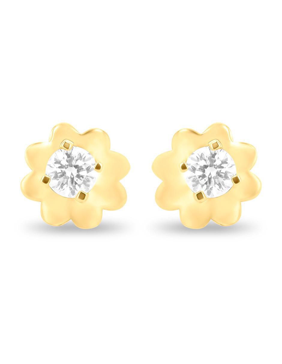 Broqueles de flor de oro amarillo 14 K con acabado brillante diamante