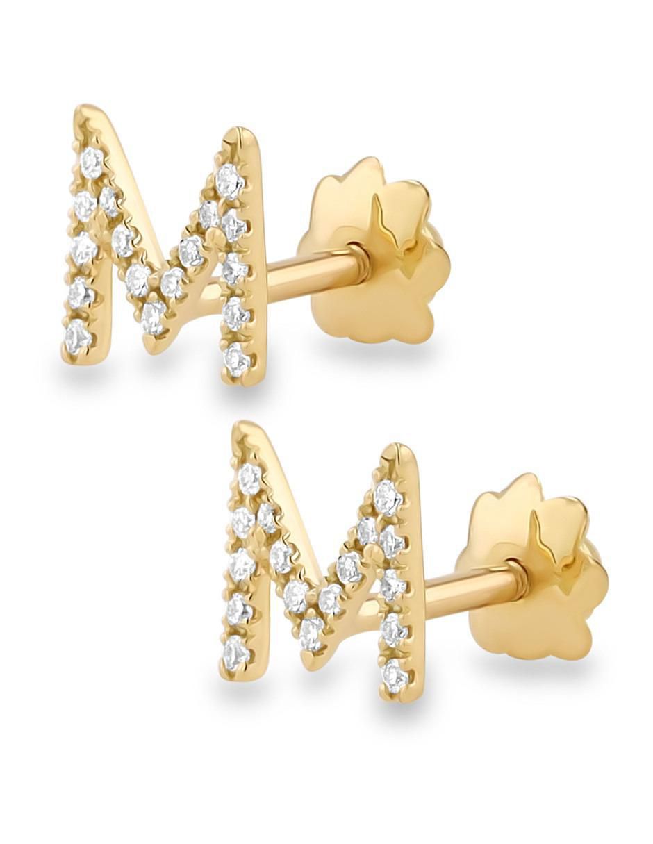 Broqueles de letra M de oro amarillo 14 K con acabado brillante diamante 2