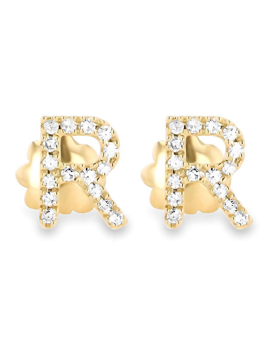 Broqueles de letra R de oro amarillo 14 K con acabado brillante diamante Broqueles de letra R de oro amarillo 14 K con acabado brillante diamante