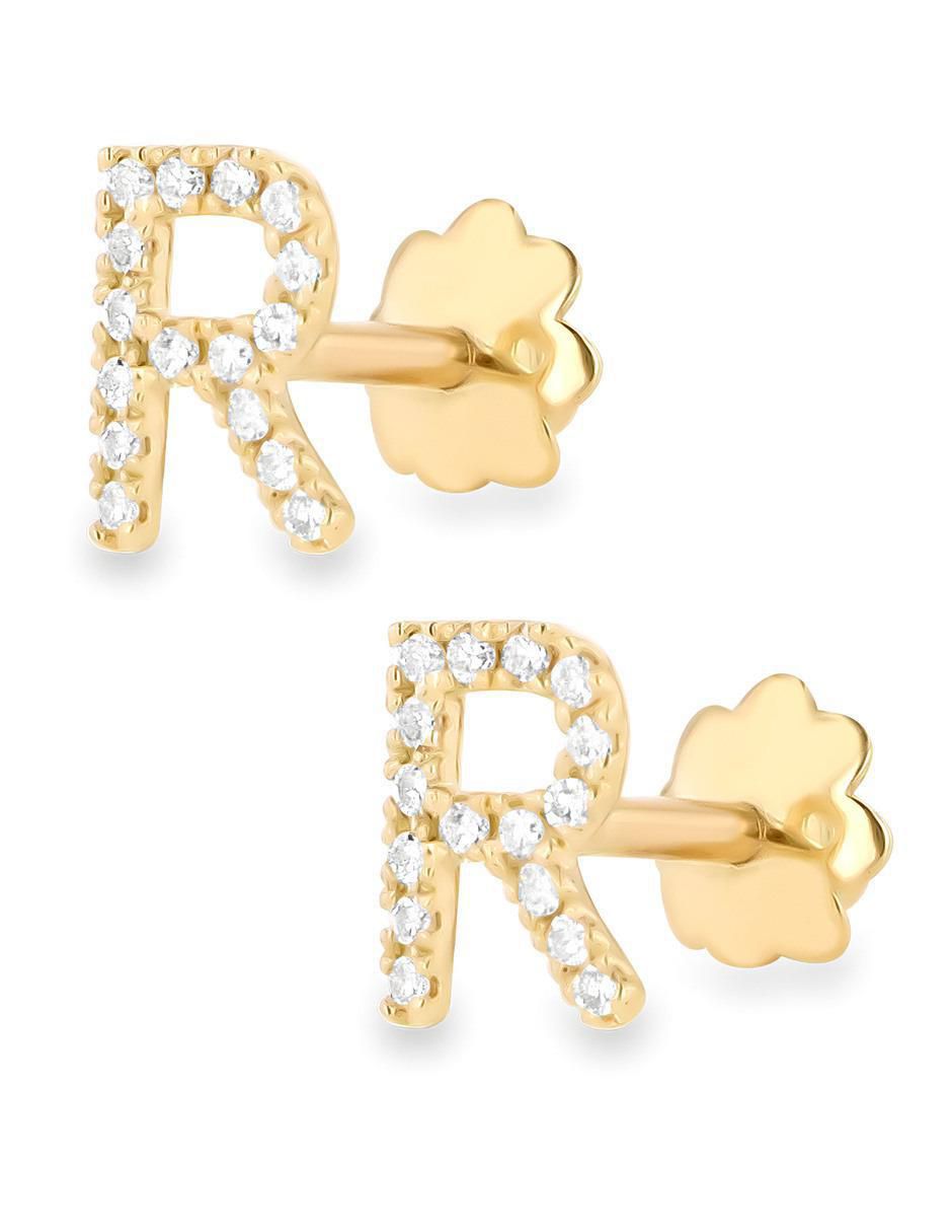 Broqueles de letra R de oro amarillo 14 K con acabado brillante diamante 3