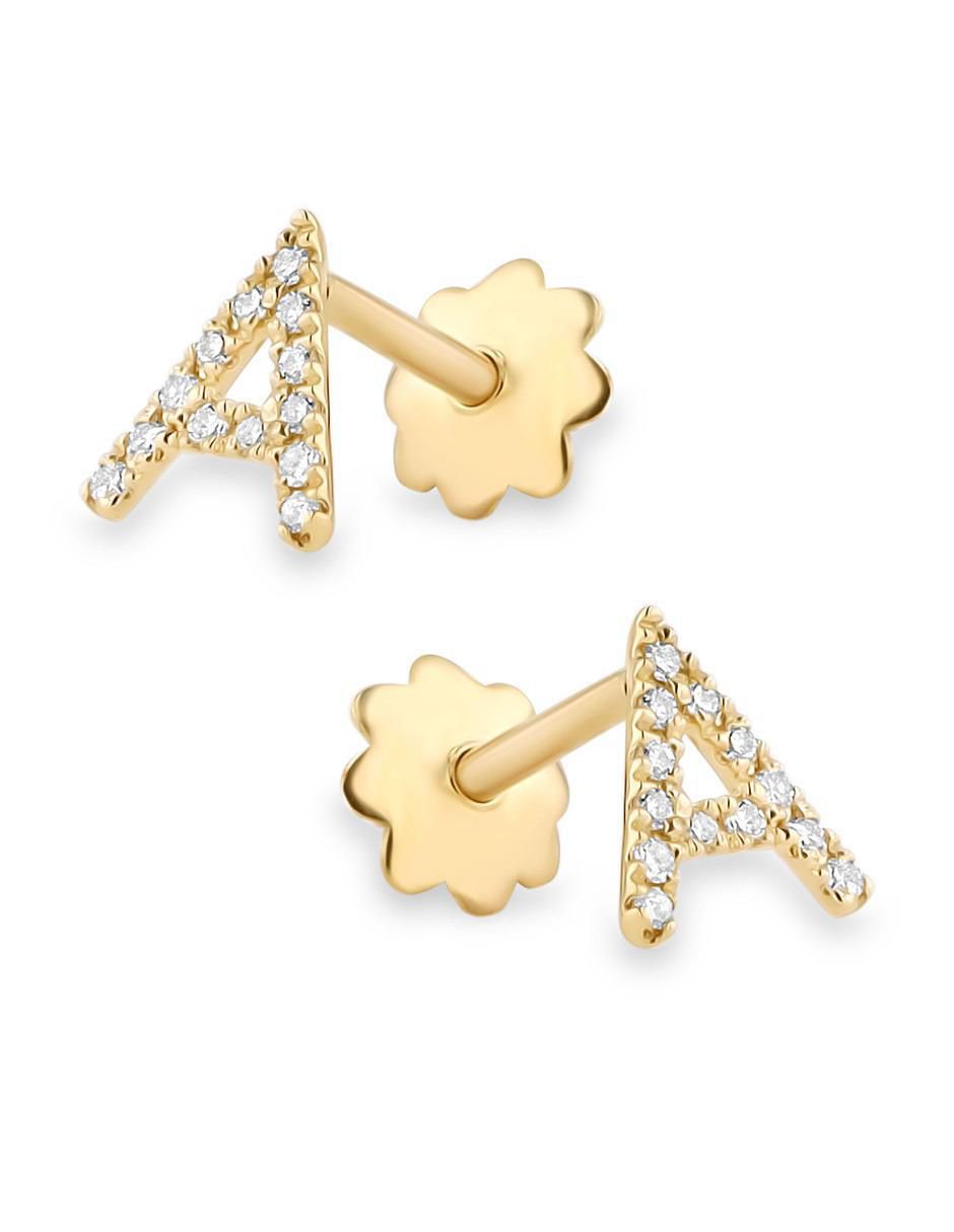 Broqueles de letra A de oro amarillo 14 K con acabado brillante diamante 2
