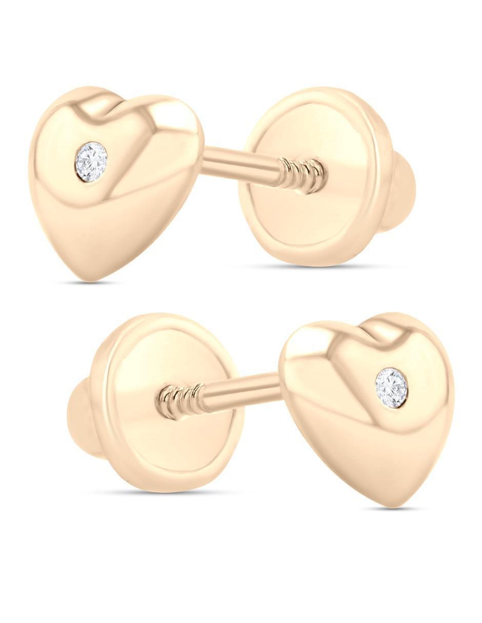 Broqueles de corazón de oro amarillo 14 K con acabado brillante zirconia 2