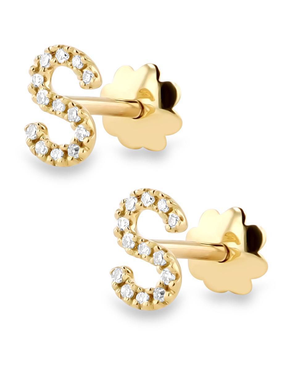 Broqueles de letra S de oro amarillo 14 K con acabado brillante diamante 2