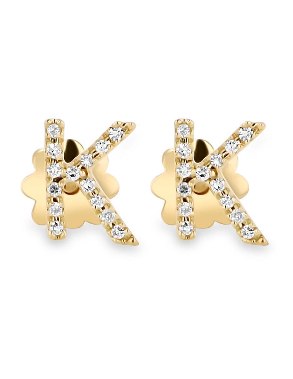 Broqueles de letra K de oro amarillo 14 K con acabado brillante diamante Broqueles de letra K de oro amarillo 14 K con acabado brillante diamante