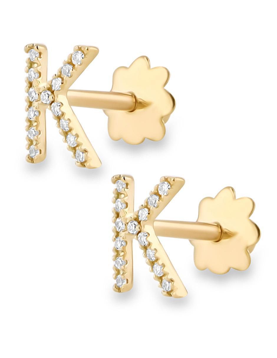 Broqueles de letra K de oro amarillo 14 K con acabado brillante diamante 3