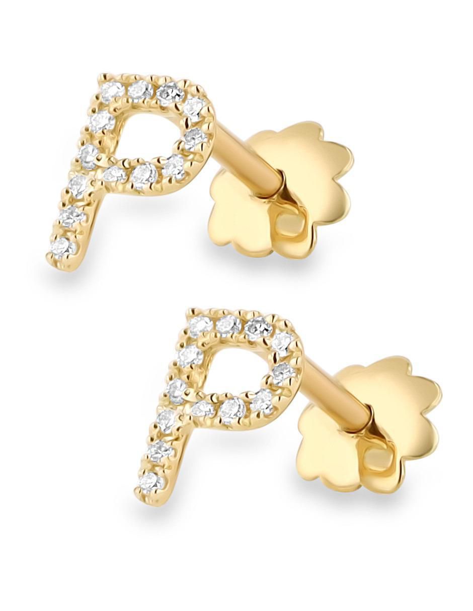 Broqueles de letra P de oro amarillo 14 K con acabado brillante diamante 2