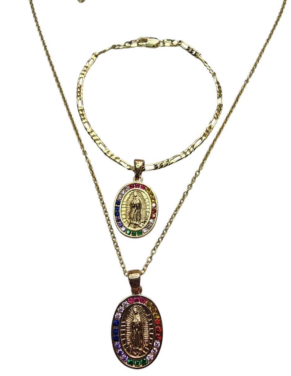 Collar y pulsera ovalada Virgen de Guadalupe de oro laminado 14 K zirconia