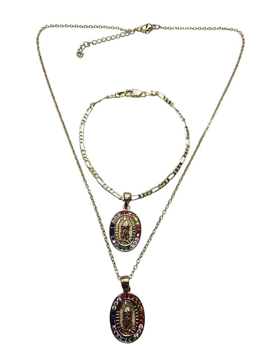 Collar y pulsera ovalada Virgen de Guadalupe de oro laminado 14 K zirconia 2