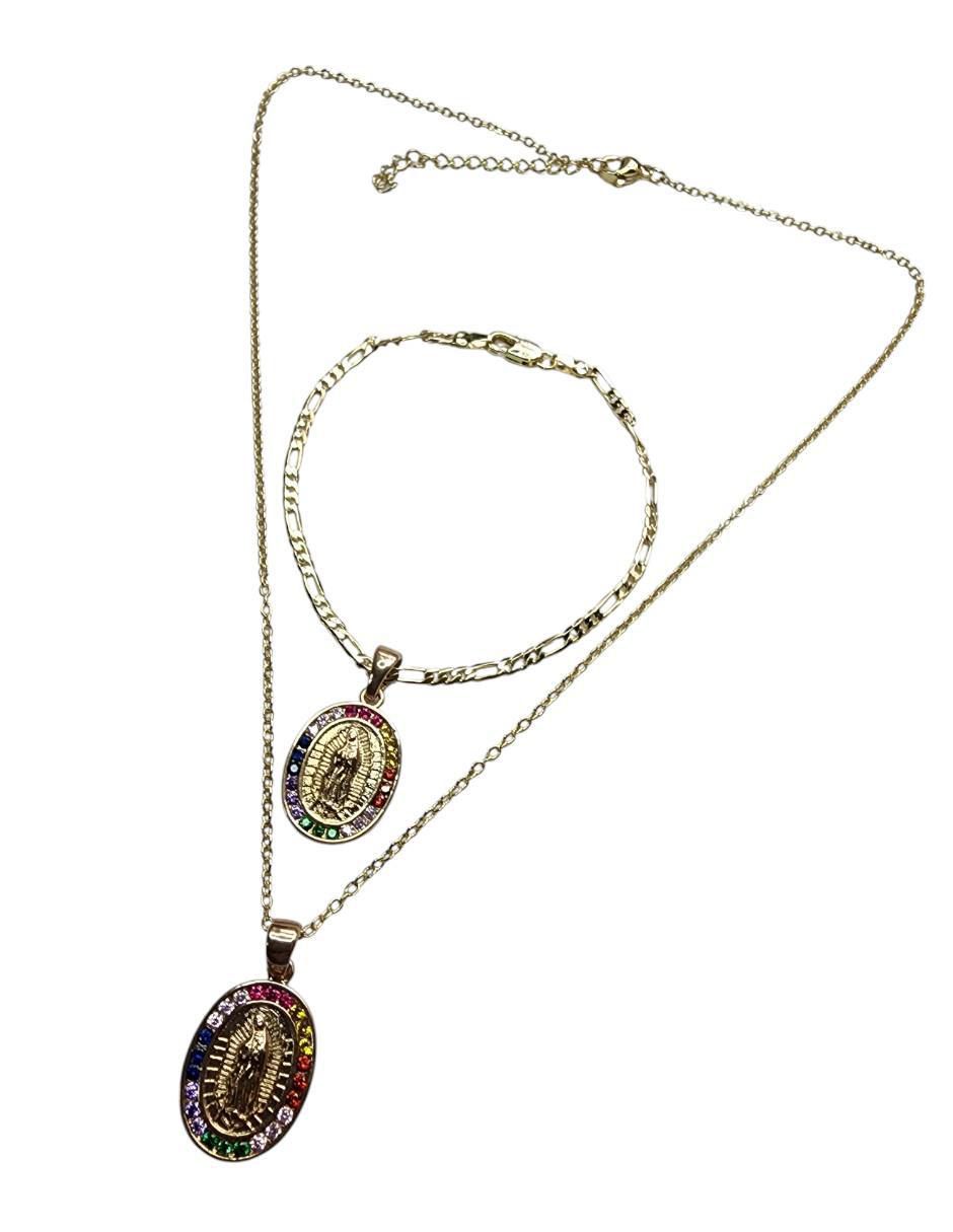 Collar y pulsera ovalada Virgen de Guadalupe de oro laminado 14 K zirconia 3