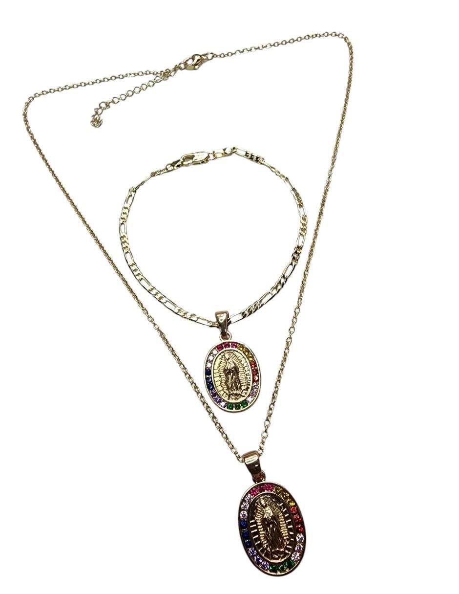 Collar y pulsera ovalada Virgen de Guadalupe de oro laminado 14 K zirconia 4
