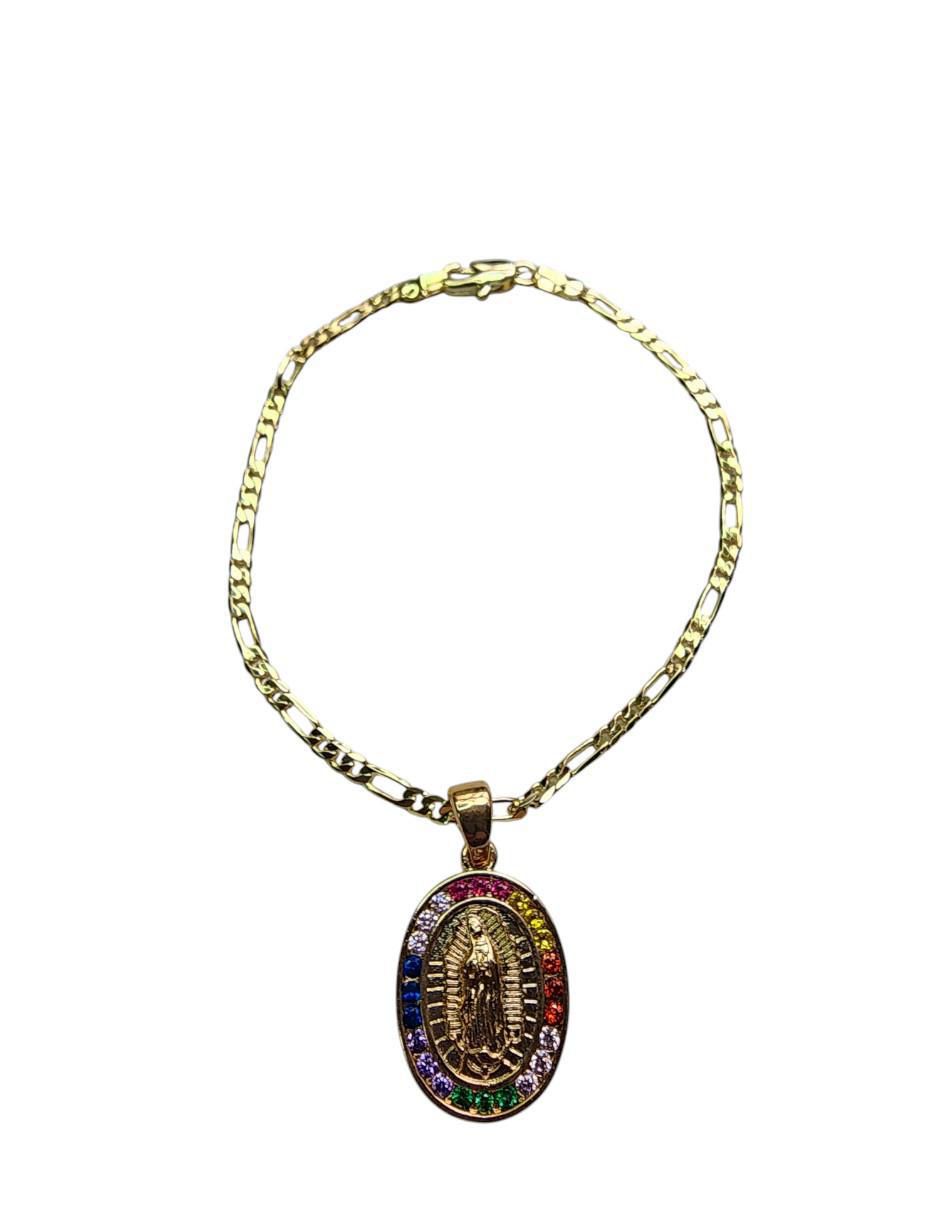 Pulsera de oro laminado zirconia 14 K Virgen de Guadalupe acabado pulido Pulsera de oro laminado zirconia 14 K Virgen de Guadalupe acabado pulido