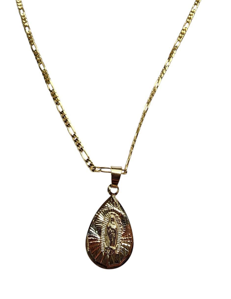 Collar con dije Virgen de Guadalupe de gota de oro laminado 14 K