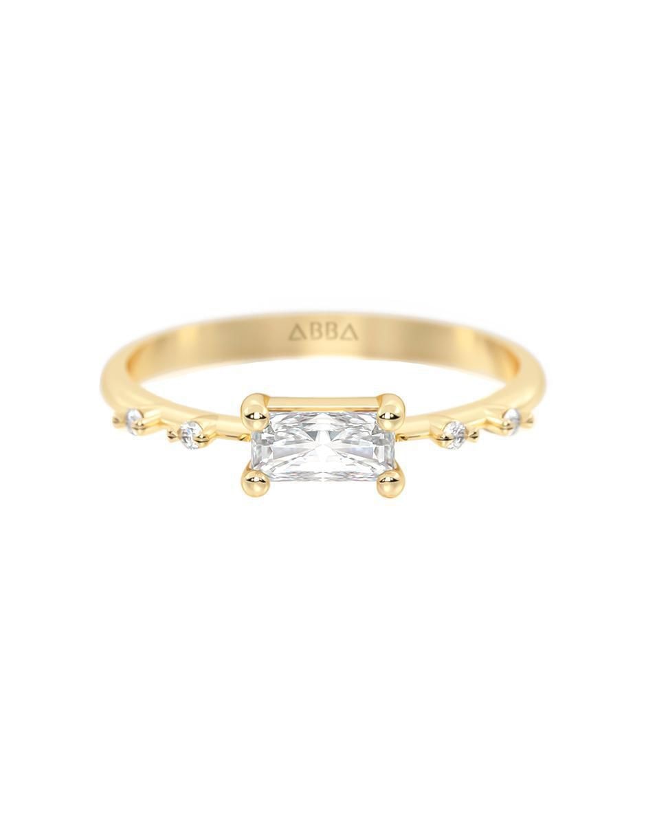 Anillo rectangular 14 k de oro zirconia brillante