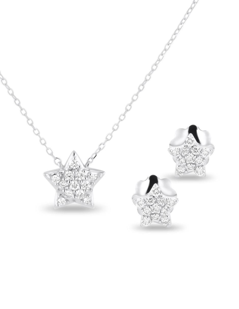 Aretes y collar de estrella de oro blanco 14 k diamante