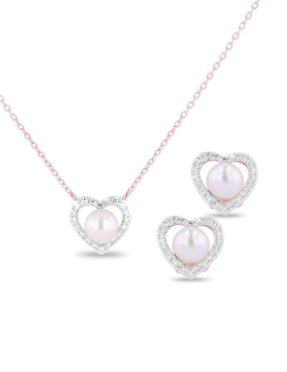 Aretes y collar de corazón de oro rosa 14 k diamante