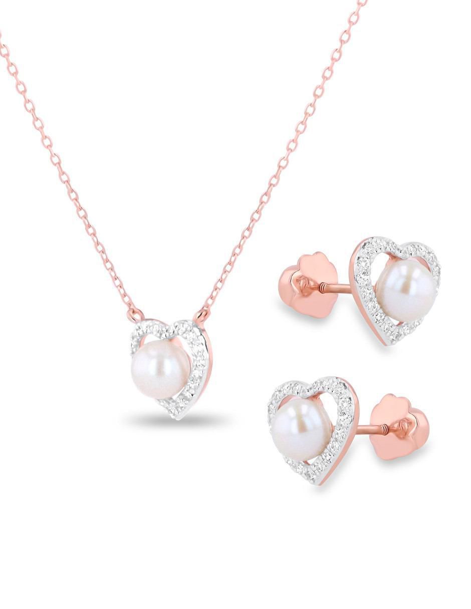 Aretes y collar de corazón de oro rosa 14 k diamante 2