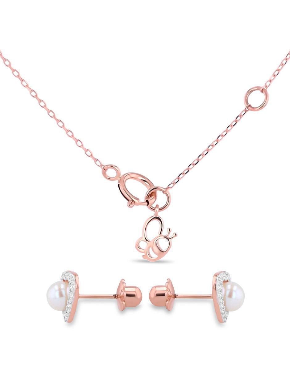 Aretes y collar de corazón de oro rosa 14 k diamante 3