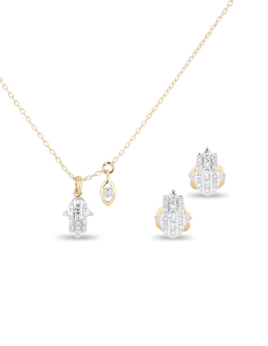 Aretes y collar de mano de oro amarillo 14 k diamante