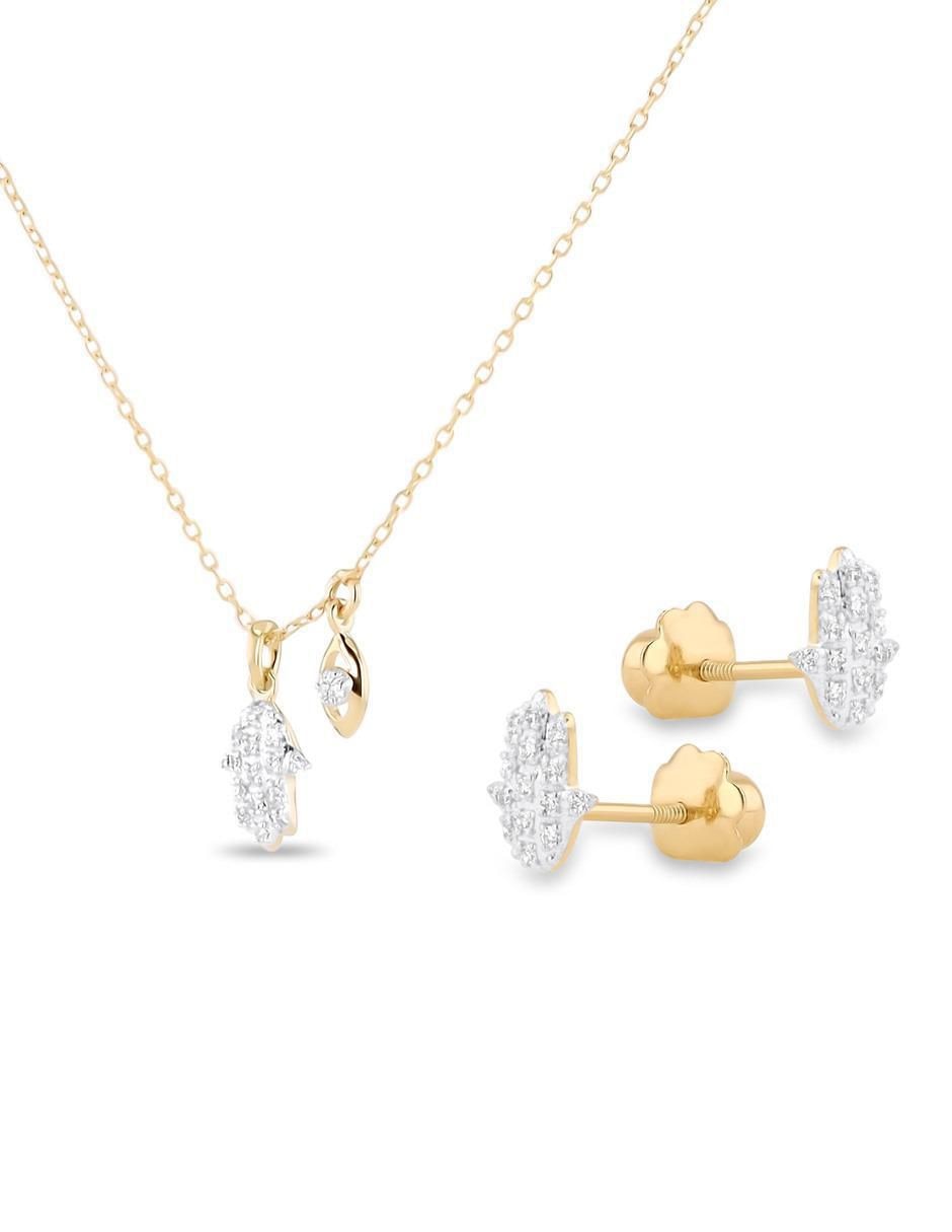 Aretes y collar de mano de oro amarillo 14 k diamante 2