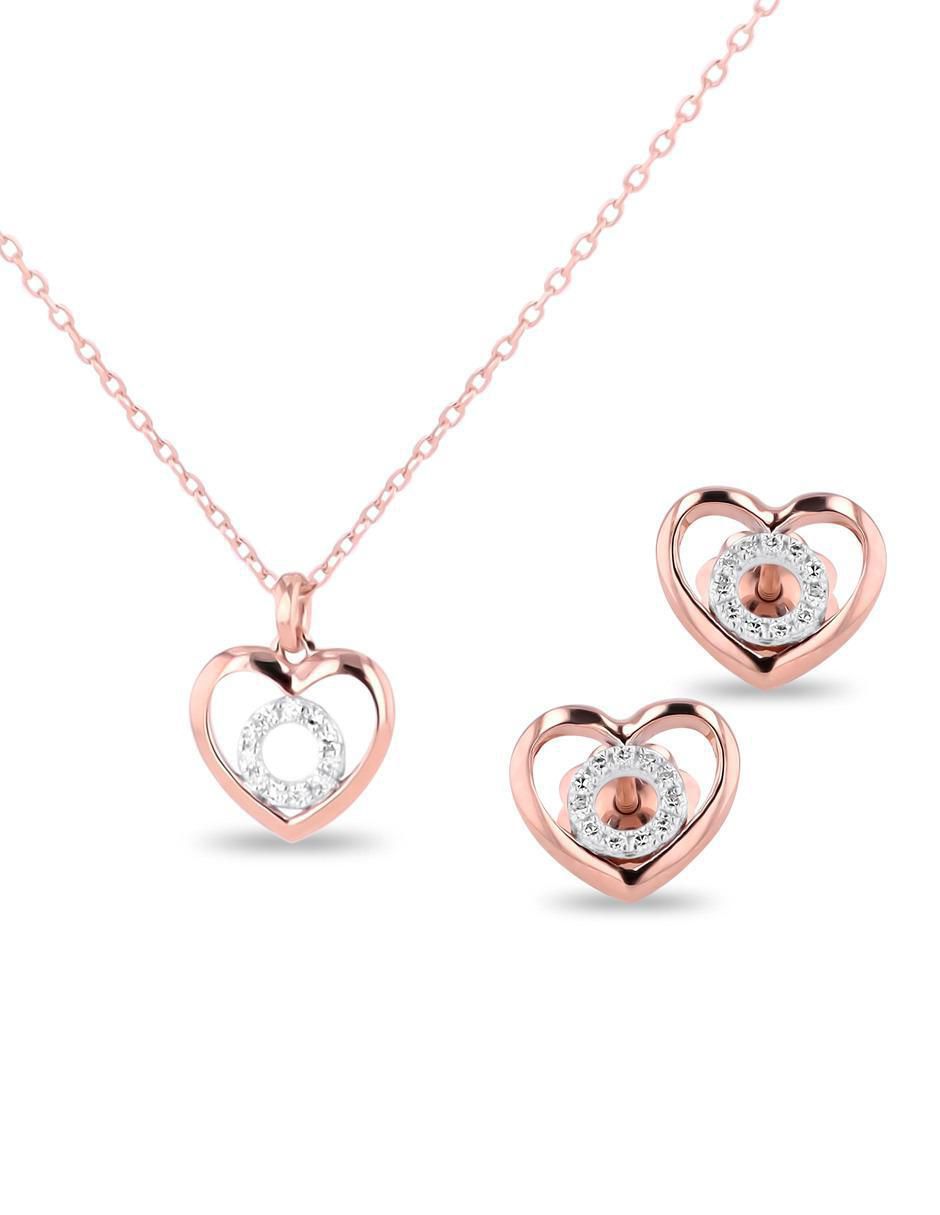 Aretes y collar de corazón de oro rosa 14 k diamante