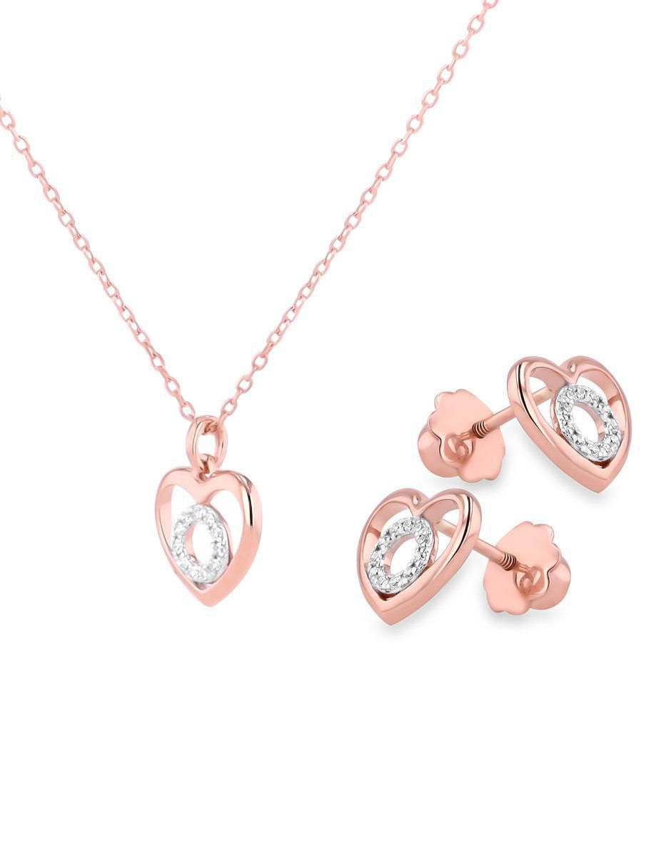 Aretes y collar de corazón de oro rosa 14 k diamante 2
