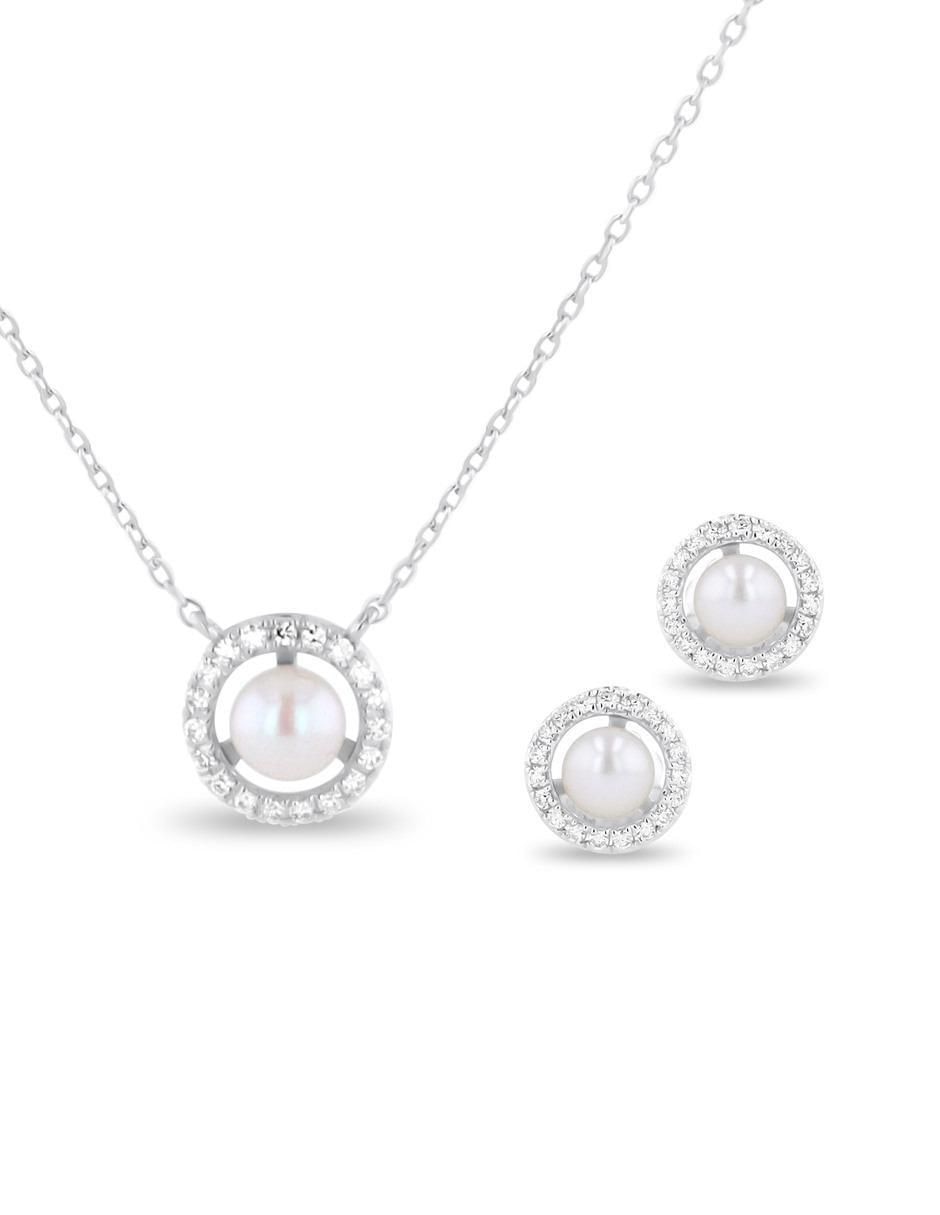 Aretes y collar de oro blanco 14 k diamante