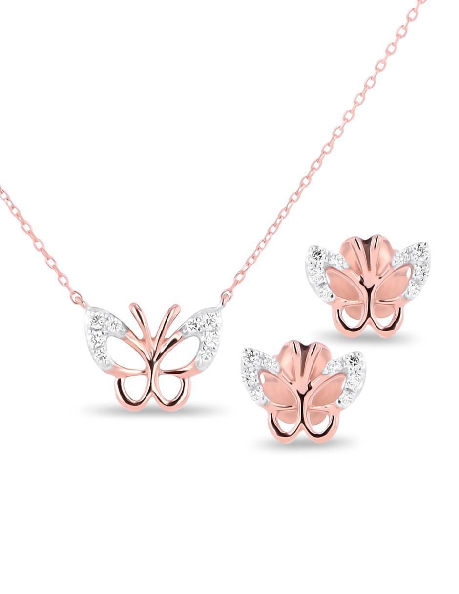 Aretes y collar de mariposa de oro rosa 14 k diamante