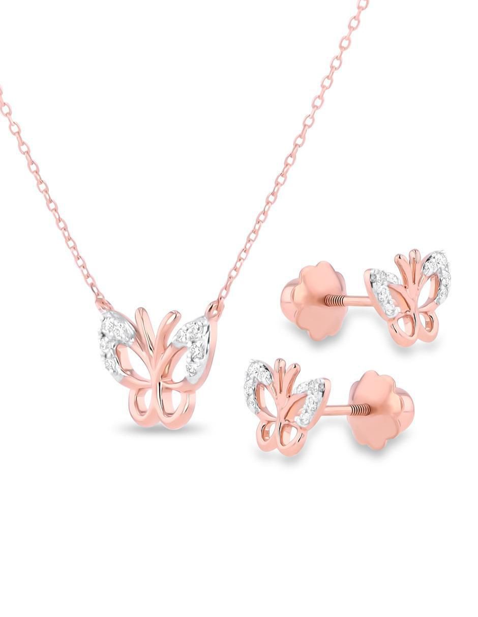 Aretes y collar de mariposa de oro rosa 14 k diamante 2