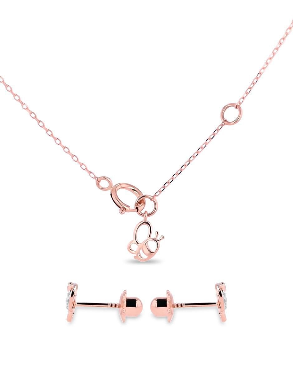 Aretes y collar de mariposa de oro rosa 14 k diamante 3