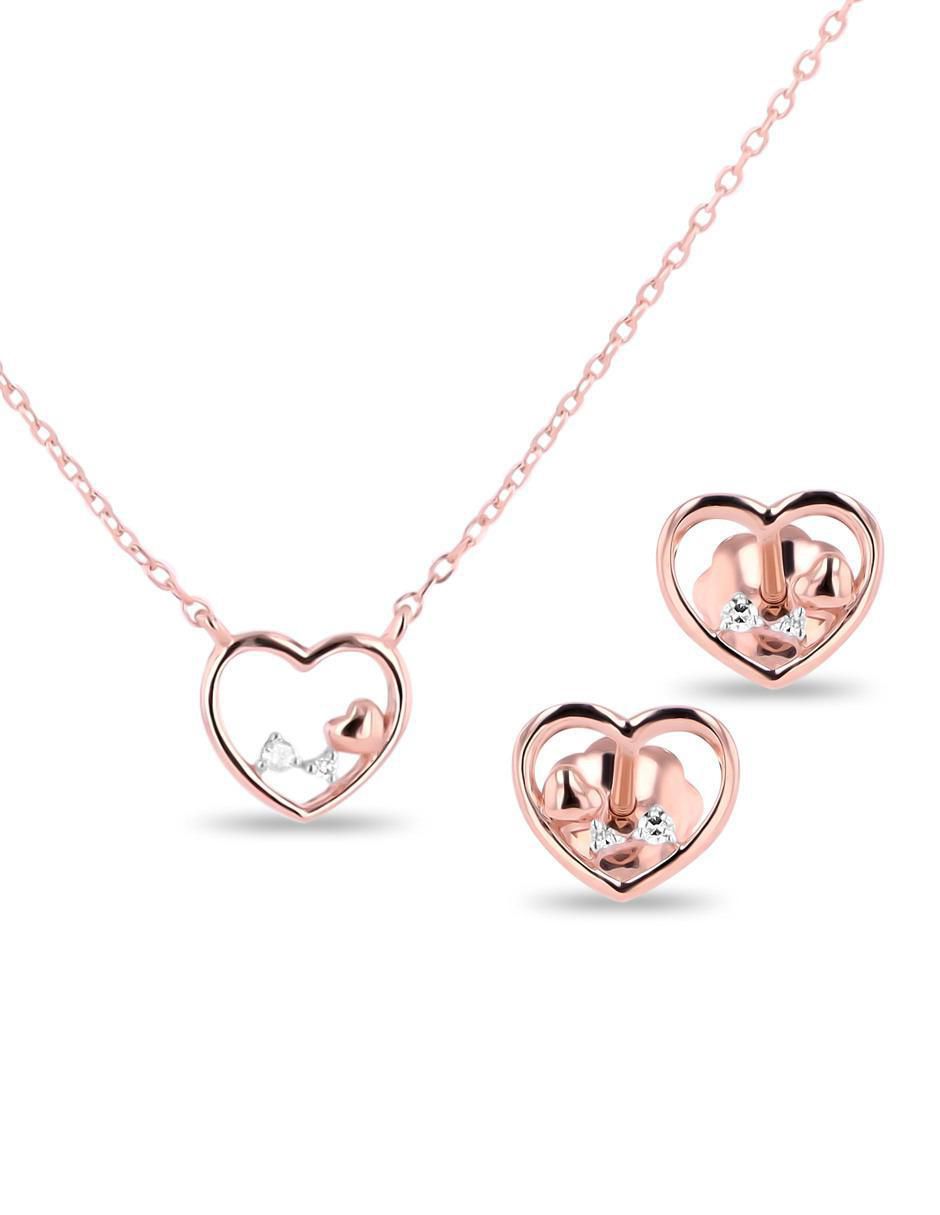 Aretes y collar de corazón de oro rosa 14 k diamante Aretes y collar de corazón de oro rosa 14 k diamante