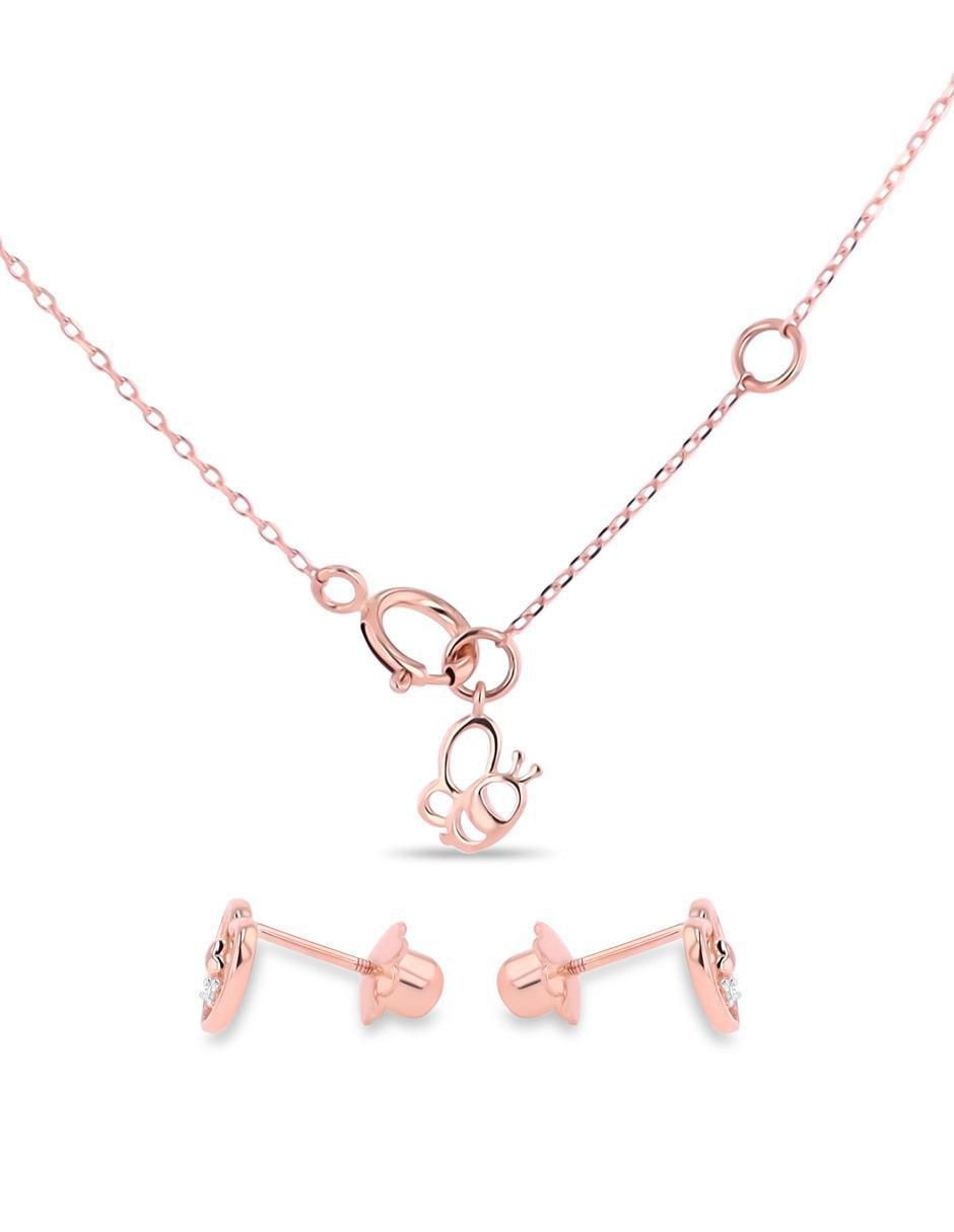 Aretes y collar de corazón de oro rosa 14 k diamante 3