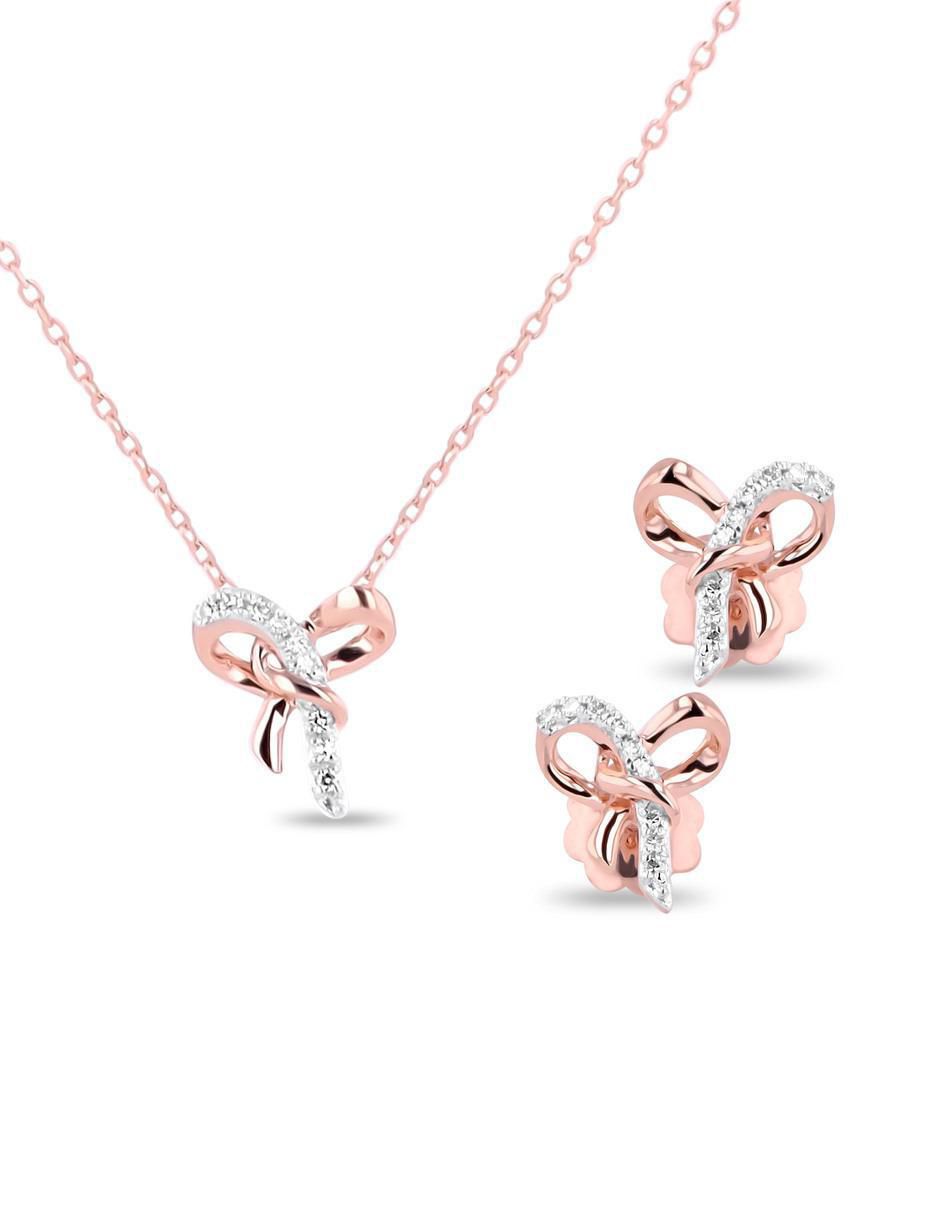 Aretes y collar de moño de oro rosa 14 k diamante Aretes y collar de moño de oro rosa 14 k diamante
