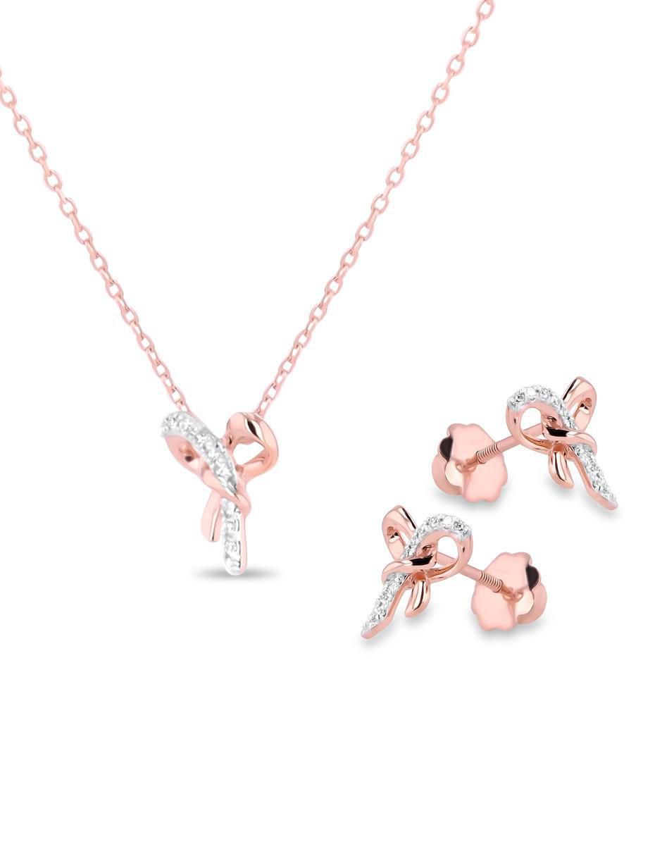 Aretes y collar de moño de oro rosa 14 k diamante 2