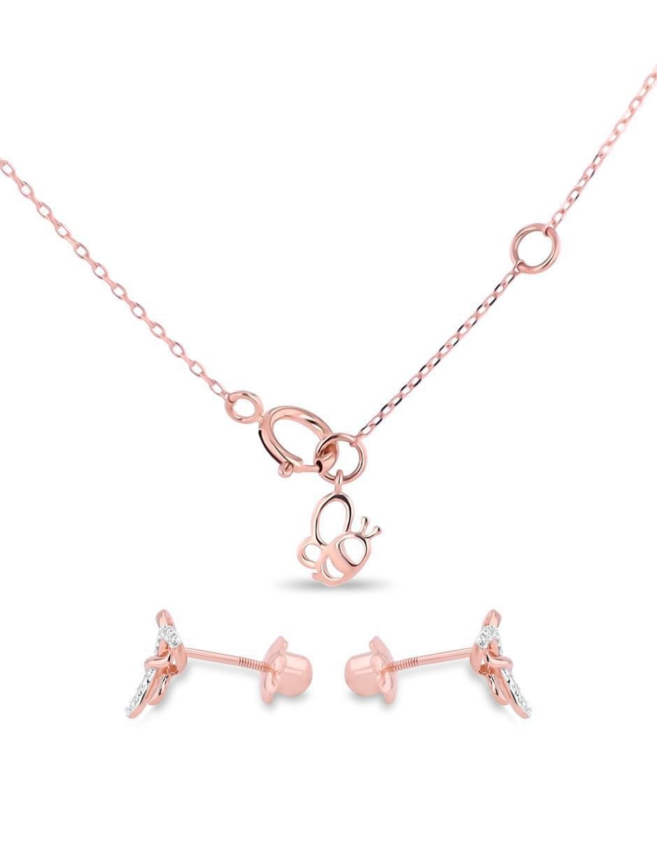 Aretes y collar de moño de oro rosa 14 k diamante 3