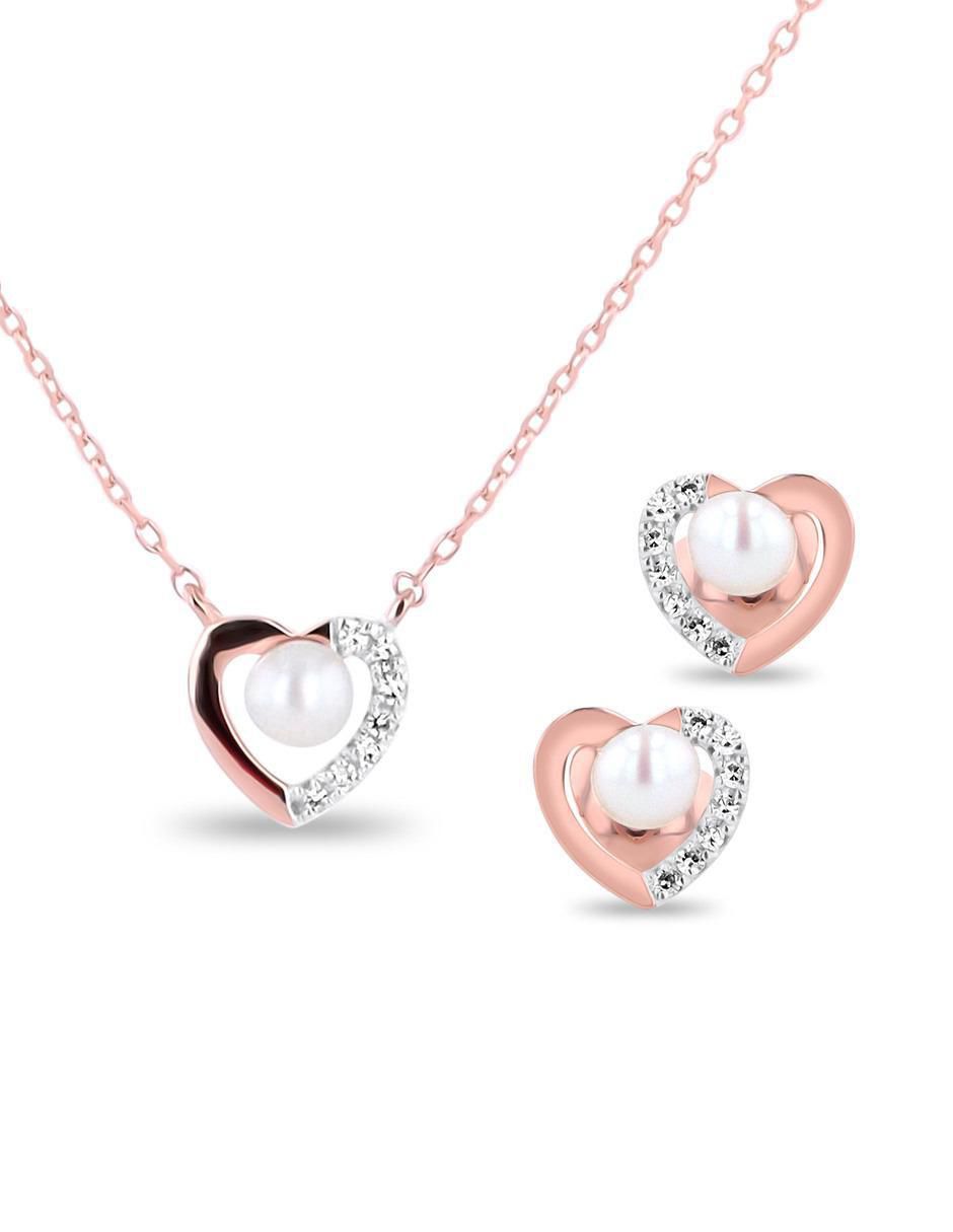 Aretes y collar de corazón de oro rosa 14 K diamante Aretes y collar de corazón de oro rosa 14 K diamante