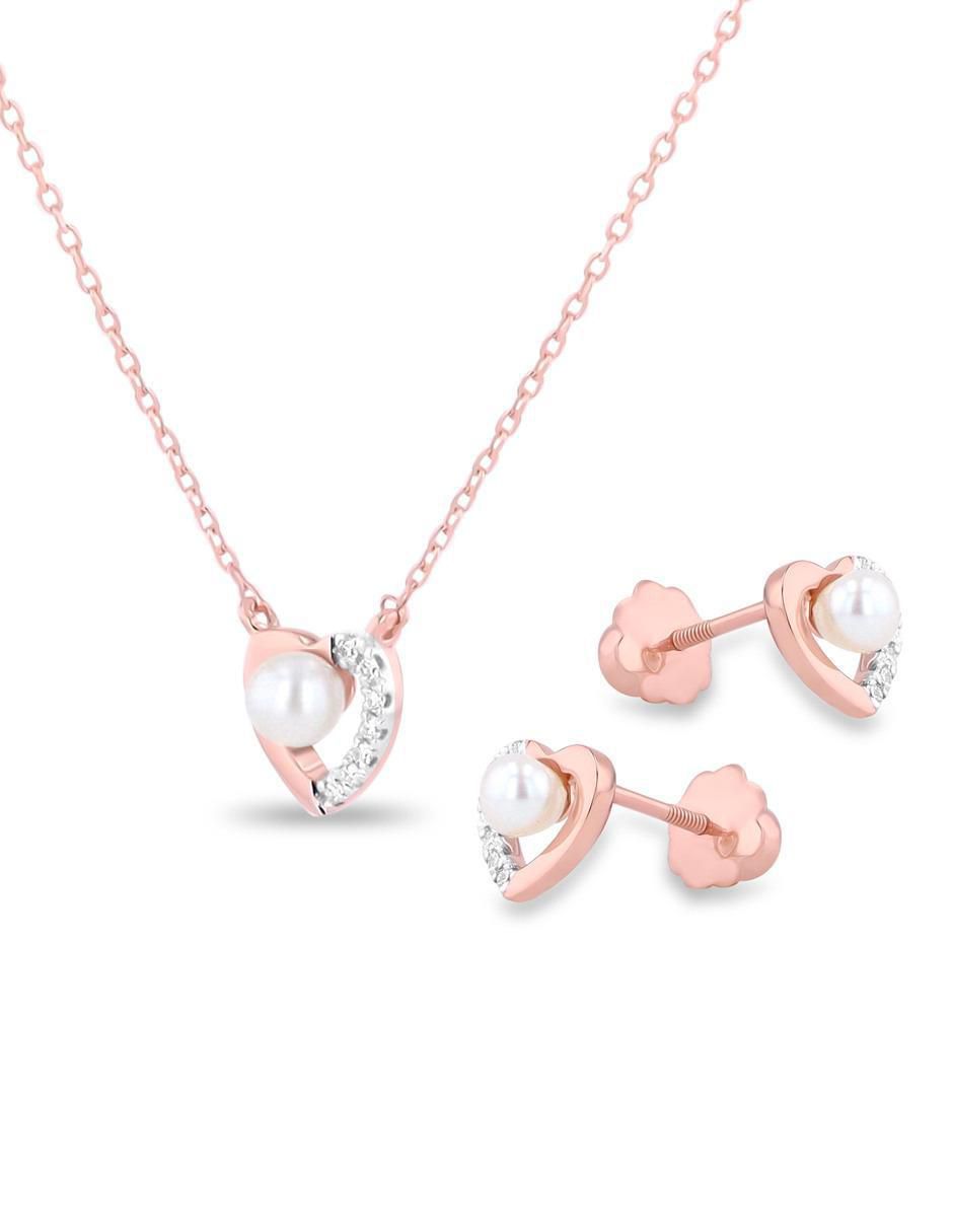 Aretes y collar de corazón de oro rosa 14 K diamante 2