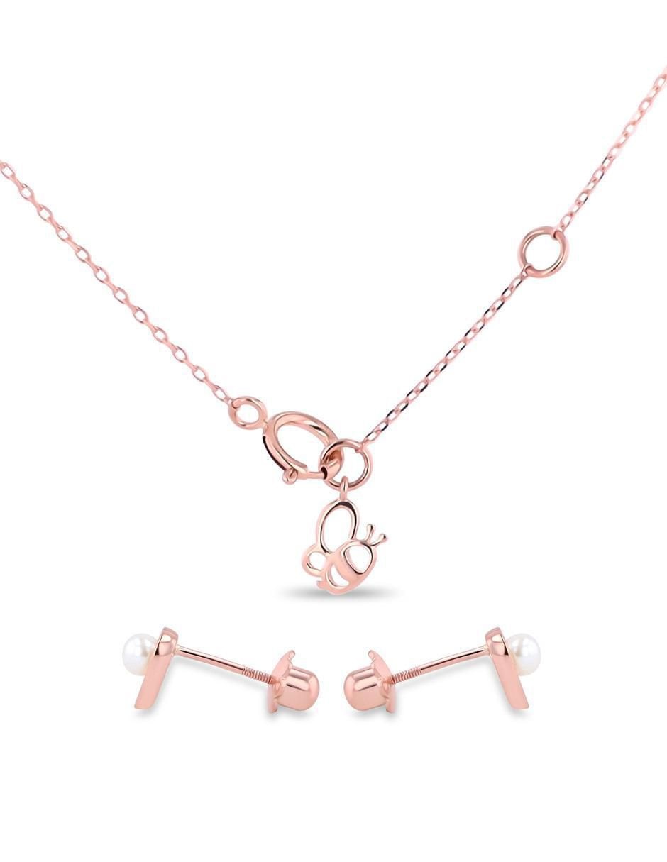 Aretes y collar de corazón de oro rosa 14 K diamante 3