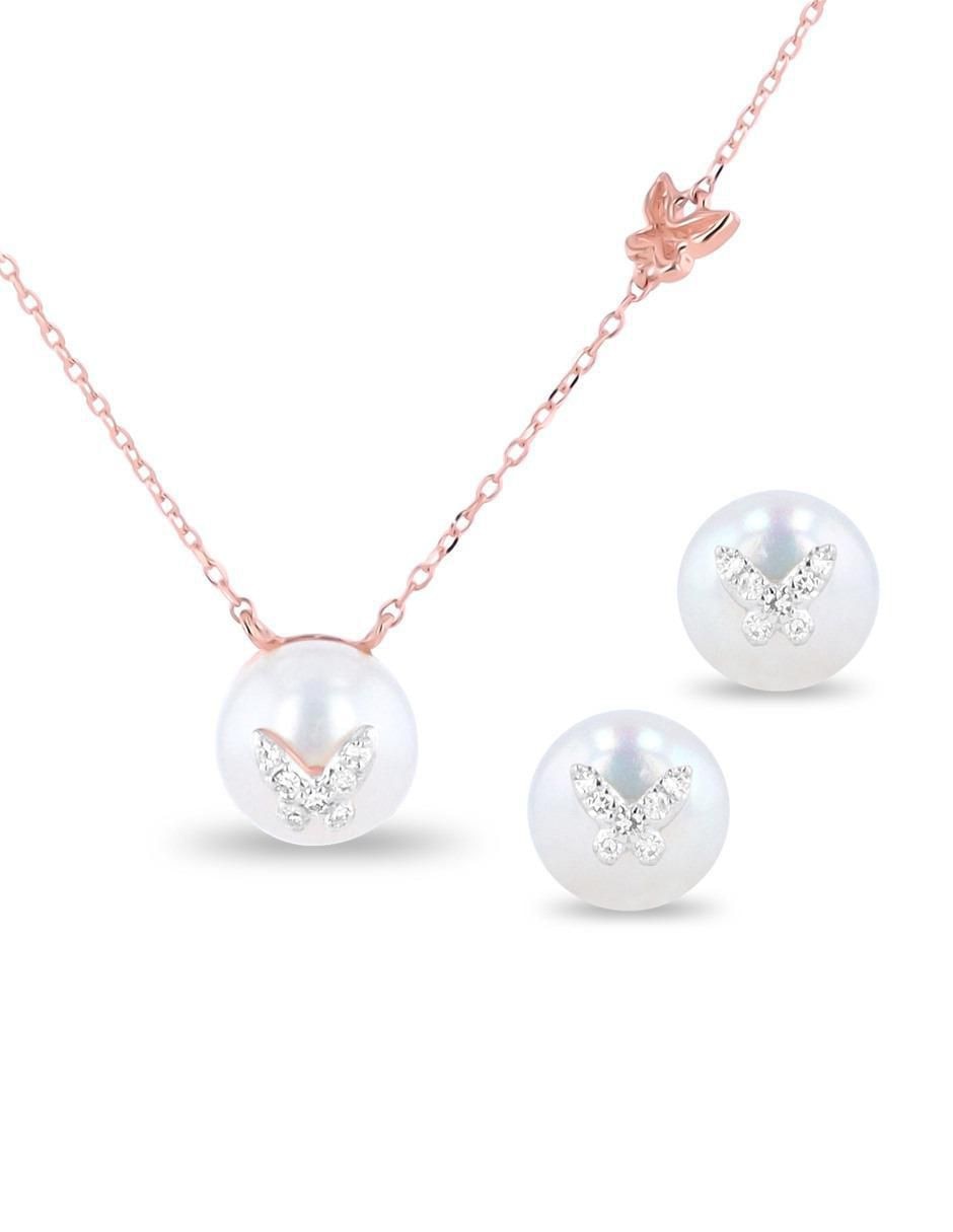 Aretes y collar de mariposa de oro rosa 14 K diamante
