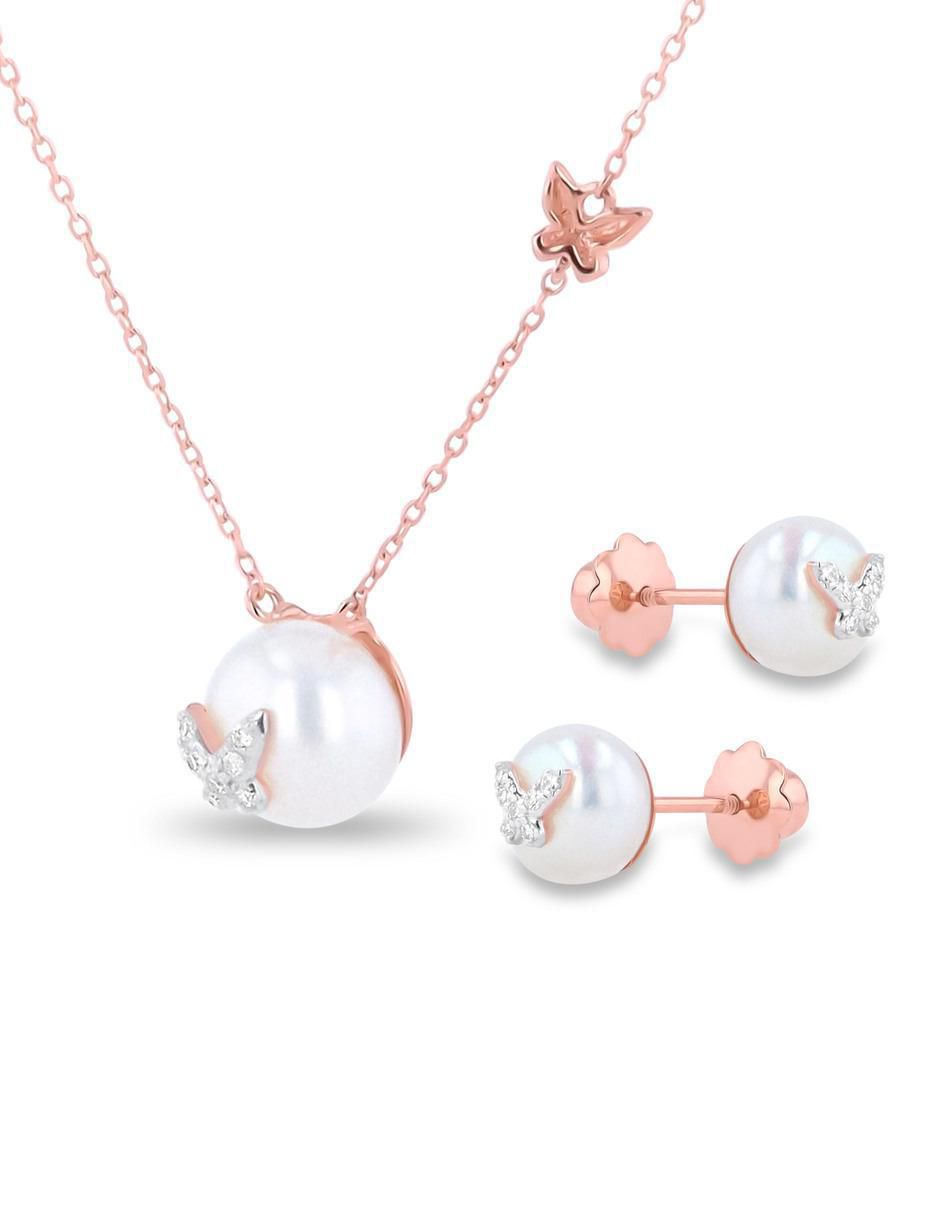 Aretes y collar de mariposa de oro rosa 14 K diamante 2